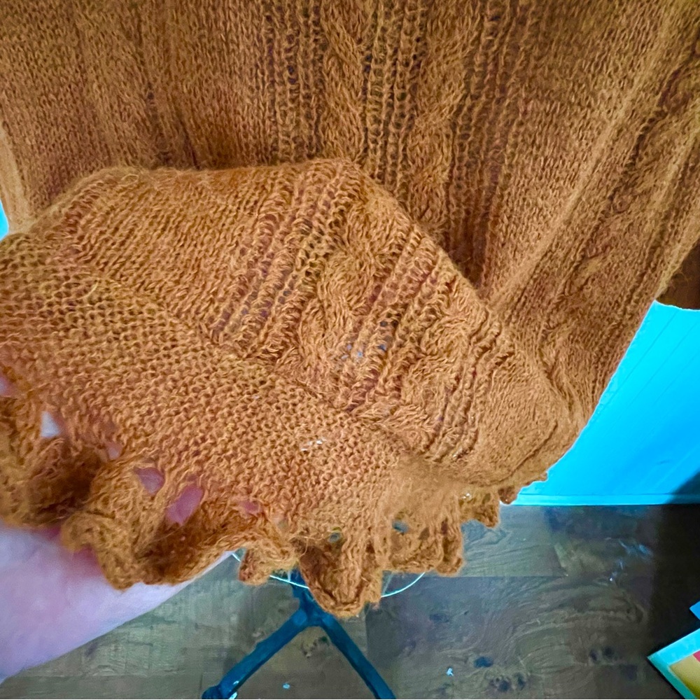 Free People Found My Friend Open Knit Waterfall Sweater Honey Rust - Picture 6 of 10